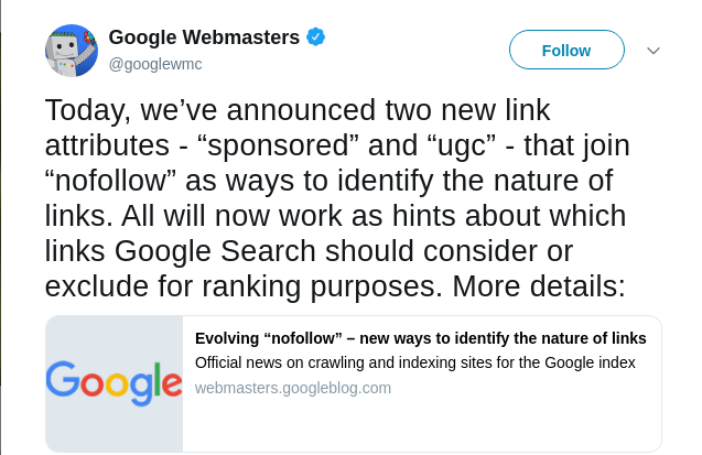 Official tweet by google webmaster for new link attributes